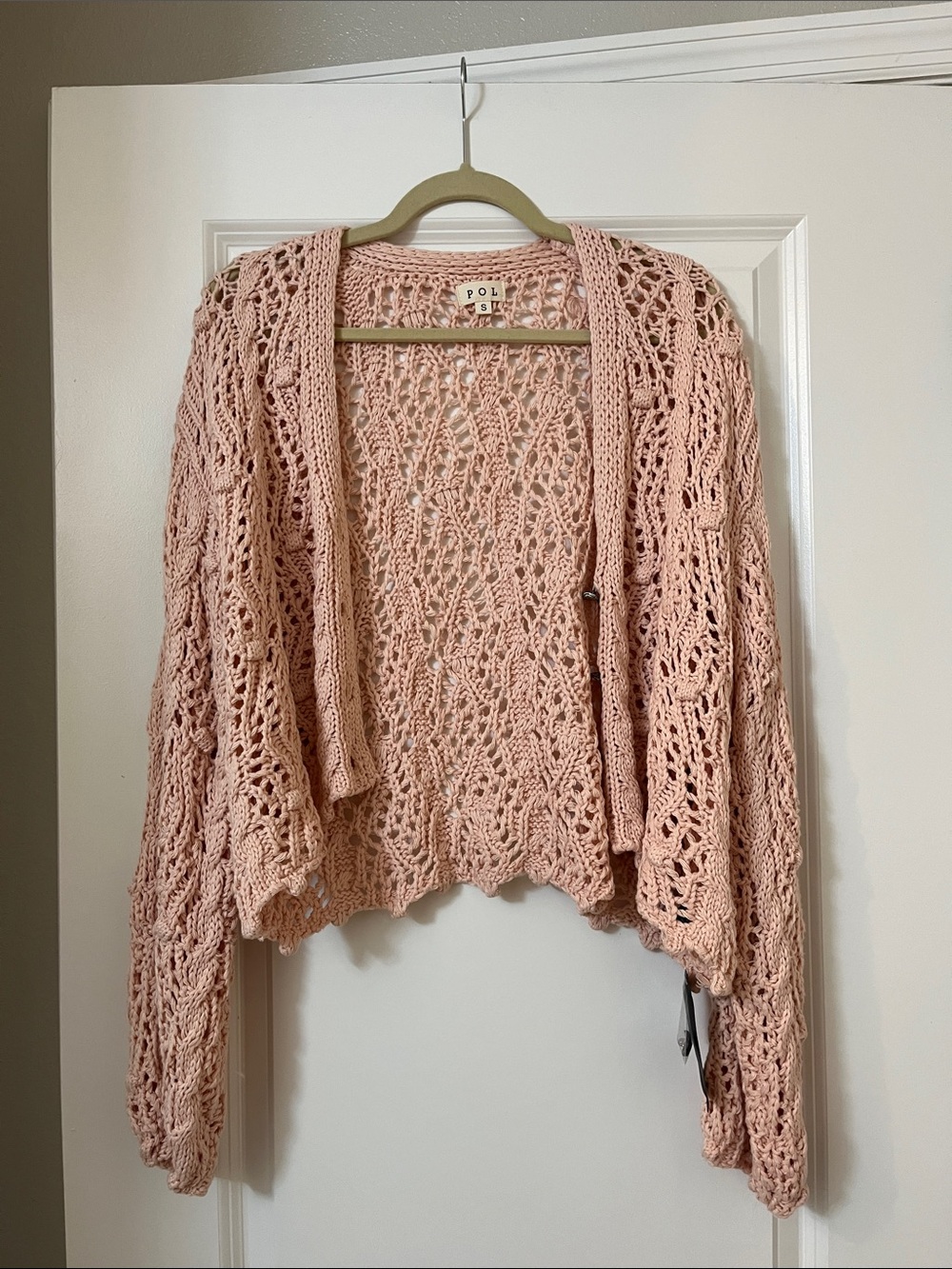 POL Openwork Crochet Cardigan in Soft Pink